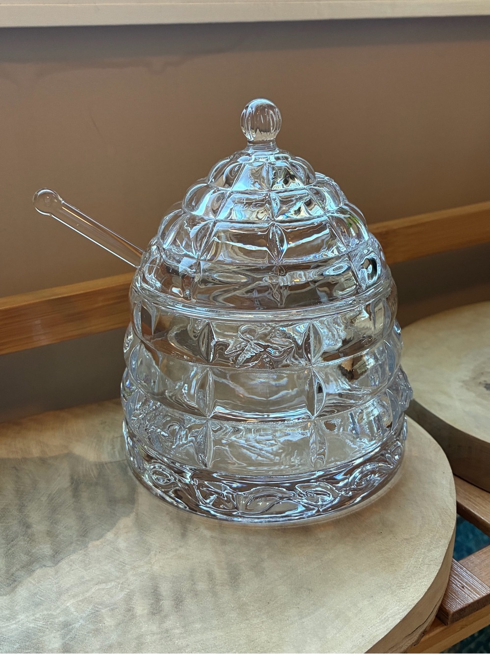 Godinger Studio Silversmith Crystal Beehive Honey Jar Glass Dipper Bee Pot